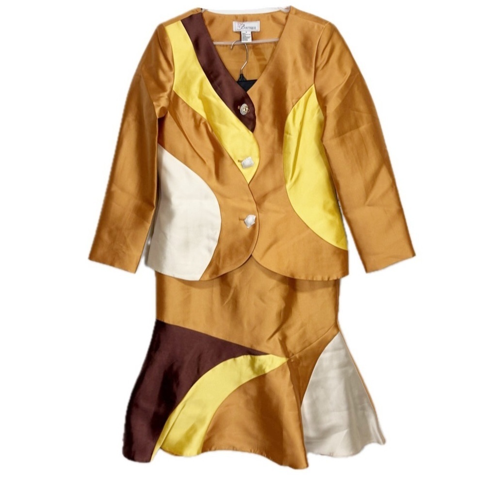 EY Boutique Skirt Suit Womens 8 Brown Yellow Colorblock Jewel Buttons NWT